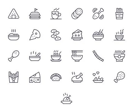 25 PIXEL Perfect High Resolution Vector Icons for Comfort Food in elegant R.. Stock Illustration