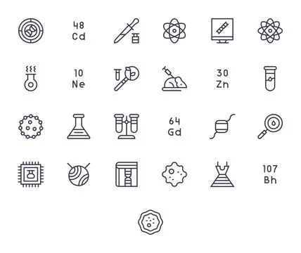 25 PIXEL Perfect Regular Line Vector Icons designed for Science Interface Illustrazione stock