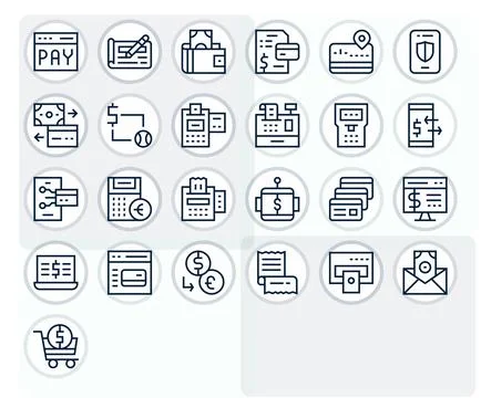 25 PIXEL Perfect Regular Line Vector Icons designed for Payment Processing .. Stockillustratie