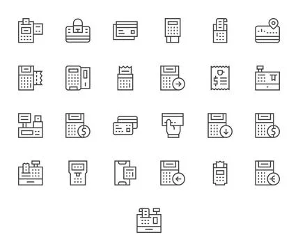 25 PIXEL Perfect Regular Line Vector Icons from Pos Collection Stock Illustration