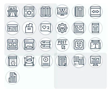 25 PIXEL Perfect Vector Icons themed around Content in 128x128 Regular Line.. Stock Illustration