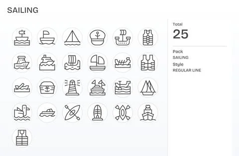 25 Regular Line Detail Enhanced Vectors for Sailing Theme Stock Illustration