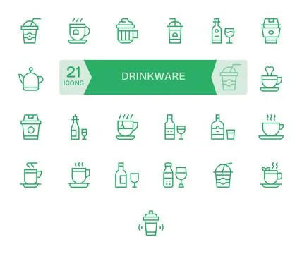 25 Regular Line Editable Vectors for Drinkware Theme Stock Illustration
