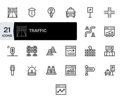 25 Regular Line Grid Fitted Vector Icons for Traffic Graphics Stock Illustration