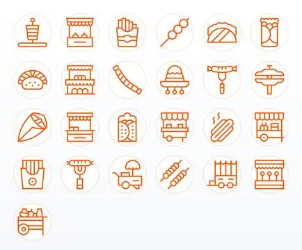25 Regular Line Pixel Aligned Vectors for Street Food Theme Stock Illustration