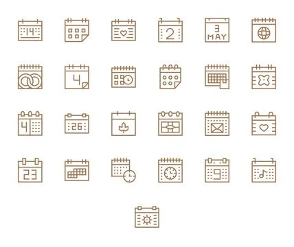 25 Regular Line Pixel Optimized Vector Icons for Date Graphics Stock Illustration