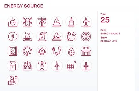 25 Regular Line Pixel Optimized Vector Icons for Energy Source Graphics Stock Illustration