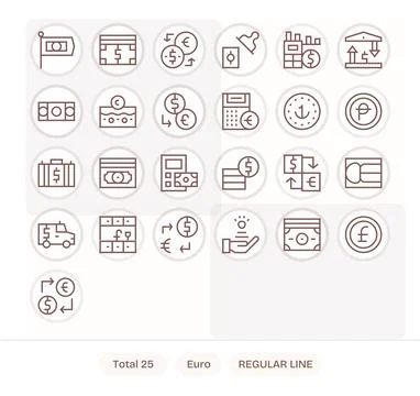 25 Regular Line Pixel Optimized Designs for Euro High Resolution Vector Icons Stock Illustration