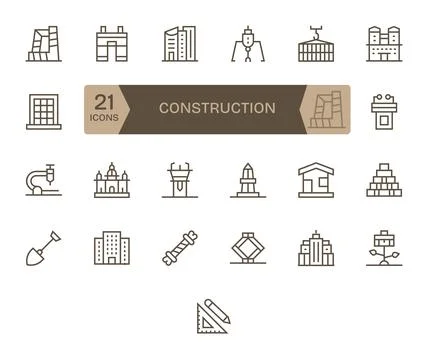 25 Regular Line Pixel Optimized Vectors for Construction Theme Stock Illustration