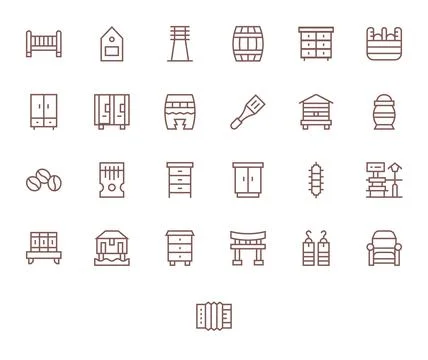 25 Regular Line PIXEL Perfect Designs for Wooden 64x64 Vector Icons Stock Illustration
