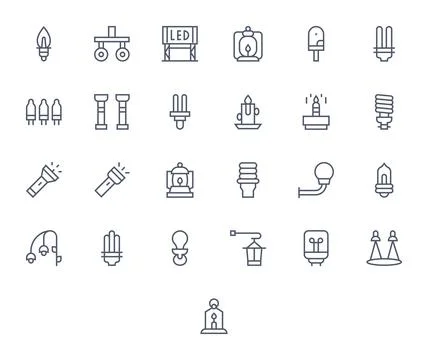 25 Retina Ready Regular Line Vector Icons for Light Source with Pixel Align.. Stock Illustration