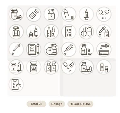 25 Retina Ready Vector Icons for Dosage in Pixel Aligned Regular Line Format Stock Illustration