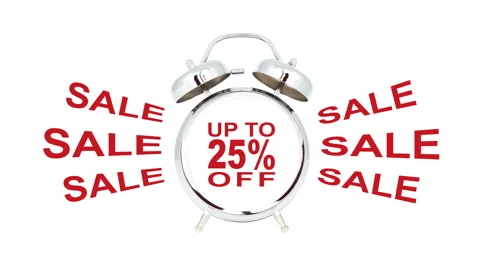 Up to 25 % off sale text animation on alarm clock face Video stock 224473653