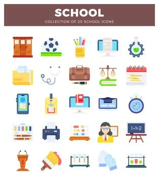 25 school icons collection featuring lockers and sports ball with stationery Stock Illustration