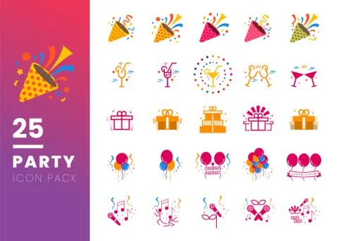 25 Set of Party Related Vector flat Icons isolated on white background. Conta Stock Illustration