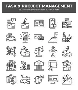 25 Task &amp; Project Management Icons. Streamline Your Workflow Stock Illustration