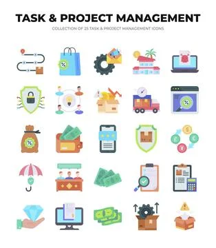 25 Task &amp; Project Management Icons. Streamline Your Workflow Stock Illustration