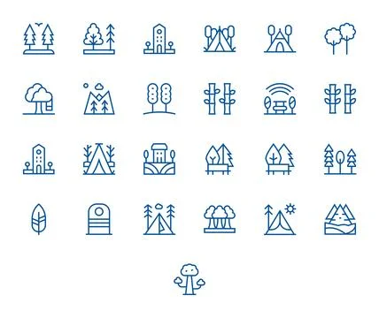 25 Trees Detail Enhanced Vector Icons in 128x128 Regular Line Aesthetic Stock Illustration