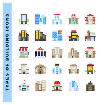 25 Types of Building Flat icon pack. vector illustration. Ilustración de archivo