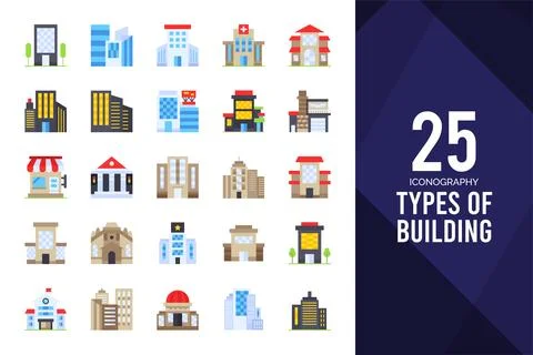 25 Types of Building Flat icon pack. vector illustration. Ilustración de archivo