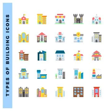 25 Types Of Building Flat icons pack. vector illustration. Ilustración de archivo