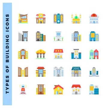 25 Types Of Building Flat icons pack. vector illustration. Ilustración de archivo
