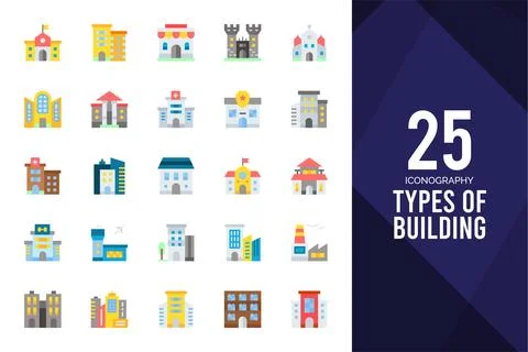 25 Types Of Building Flat icons pack. vector illustration. Ilustración de archivo