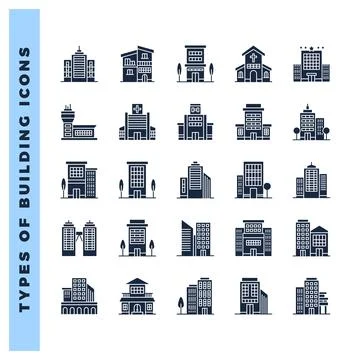 25 Types of Building Glyph icon pack. vector illustration. Ilustración de archivo