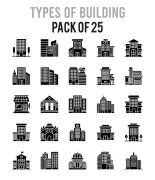 25 Types of Building Glyph icon pack. vector illustration. Ilustración de archivo
