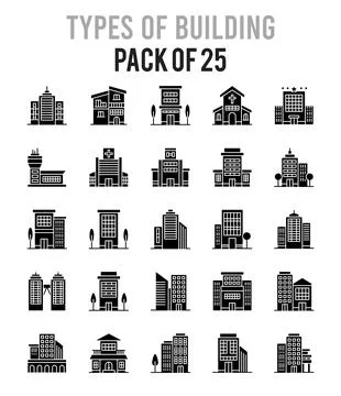 25 Types of Building Glyph icon pack. vector illustration. Ilustración de archivo
