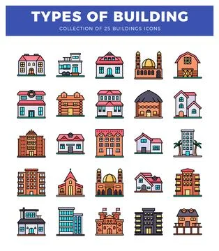 25 types of building icons collection. Diverse structures on white backgrou.. Ilustração Stock