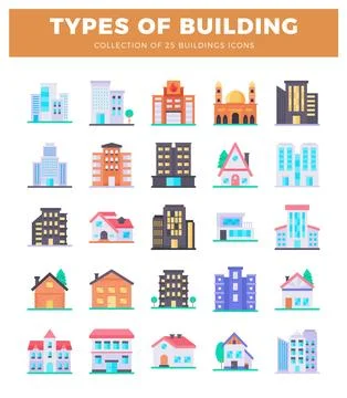 25 types of building icons in flat design with modern architecture. Ilustración de archivo