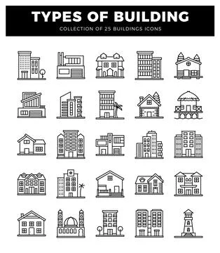 25 types of building icons. line art. buildings icons Stock Illustration