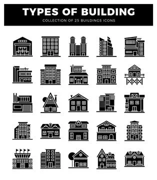 25 types of building icons on white background. Building collection with va.. Ilustración de archivo