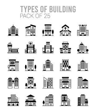 25 Types of Building Lineal Fill icons Pack vector illustration. Ilustración de archivo