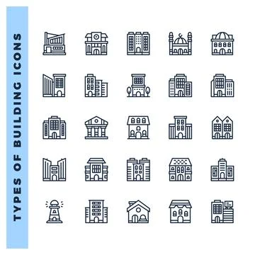 25 Types Of Building Lineal icons pack. vector illustration. Ilustración de archivo