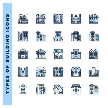 25 Types Of Building Two Color icons pack. vector illustration. Ilustración de archivo