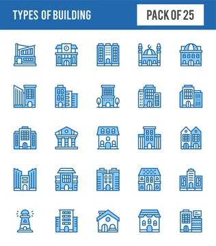 25 Types Of Building Two Color icons pack. vector illustration. Ilustración de archivo