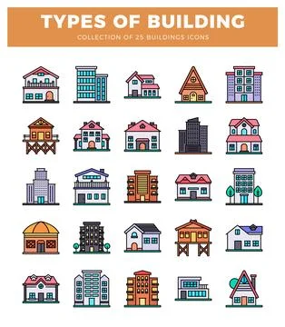 25 types of buildings icons in a grid with text TYPES OF BUILDING BUILDINGS.. Ilustración de archivo