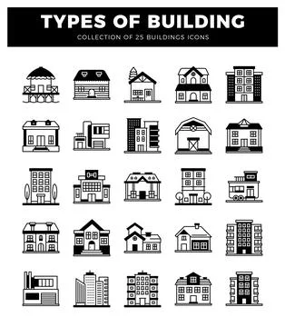 25 various building types and architectural icons. outlined and isolated on.. Stock Illustration