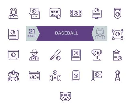 25 Vector Icons for Baseball featuring 64x64 Pixel Aligned Regular Line Gra.. Stock Illustration