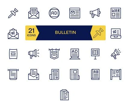 25 Vector Icons for Bulletin featuring Retina Ready PIXEL Perfect Regular L.. Stock Illustration