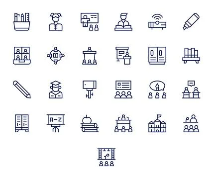 25 Vector Icons inspired by Classroom in PIXEL Perfect 64x64 Regular Line q.. Stock Illustration