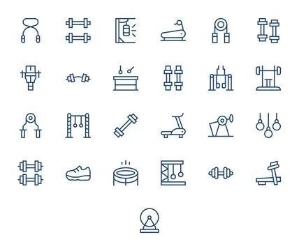 25 Vector Icons inspired by Exercise Equipment in Pixel Optimized 64x64 Reg.. Stock Illustration