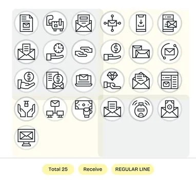 25 Vector Icons for Receive optimized in Pixel Optimized 64x64 Regular Line.. Illustrazione stock
