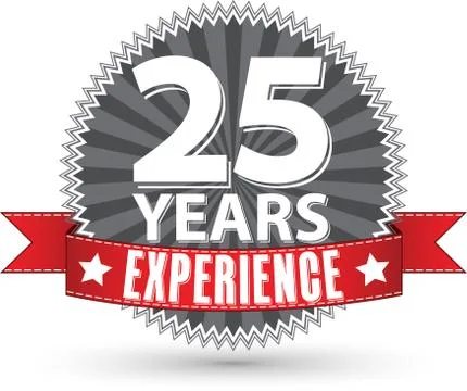 25 years experience retro label with red ribbon, vector illustration Stock Illustration