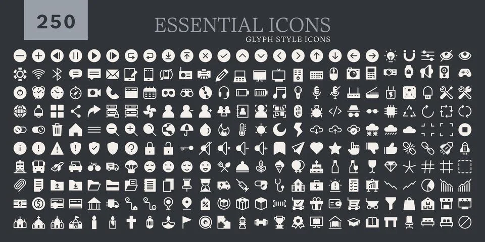 250 Essential Solid Glyph Icons Pack for User Interface Design Web Mobile A.. Illustrazione stock