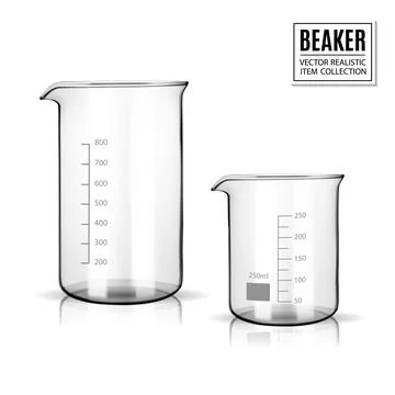250ml, 800ml measuring beaker for science experiment in laboratory isolated on Stock Illustration
