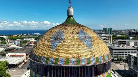 Panorama aerial view of Amazonas Theater at downtown city Manaus Brazil. Cityscape of tourism landmark city. Amazonas medieval building theater at downtown Manaus Brazil. xkwx Amazonas Theater Manaus Amazonas Brazil religion aerial view panorama sao sebastiao square buildings building museum theatre theater house castle metropolis riverside landscape metropole skyline church architecture view sky north region sustainable nature ecosystem landmark outdoors destinations vacations travel tourist tourism background day downtown city town urban district cityscape medieval street transportation village