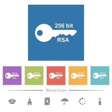 256 bit rsa encryption flat white icons in square backgrounds Stock Illustration